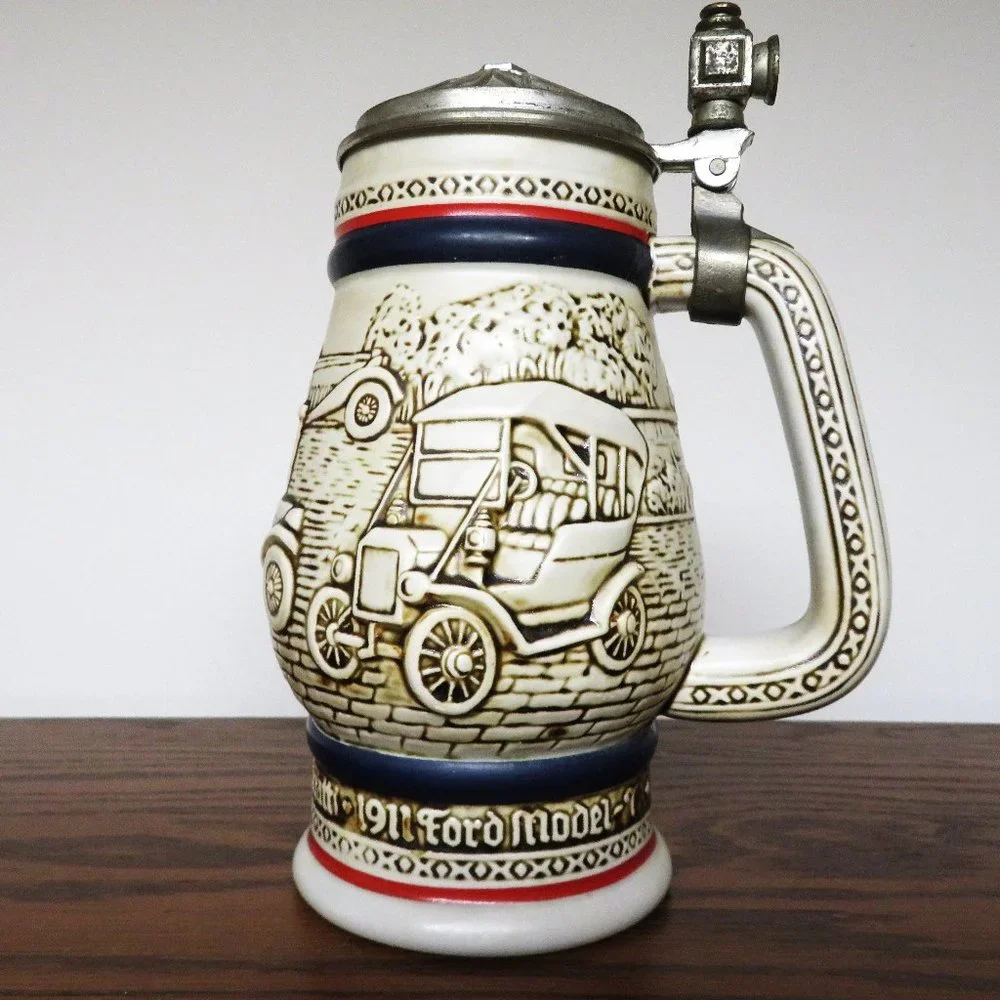 Vintage Avon Automobile History Ceramic Beer Stein with Pewter Lid 1979